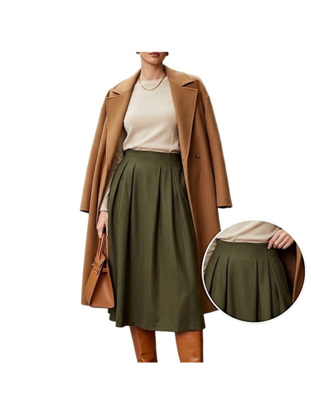 Vintage 80s 90s pure wool army green pleated old money midi skirt 8